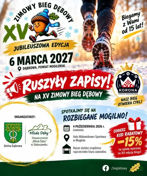 Ruszyły zapisy na XV Zimowy Bieg Dębowy w Dąbrowie – jubileuszowa edycja już 6 marca 2027