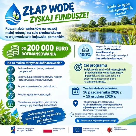 Złap wodę – zyskaj fundusze! Nabór na małą retencję w Kujawsko-Pomorskiem