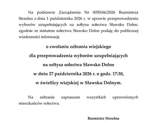 Strzelno: mieszkańcy Sławska Dolnego wybiorą sołtysa 27 października