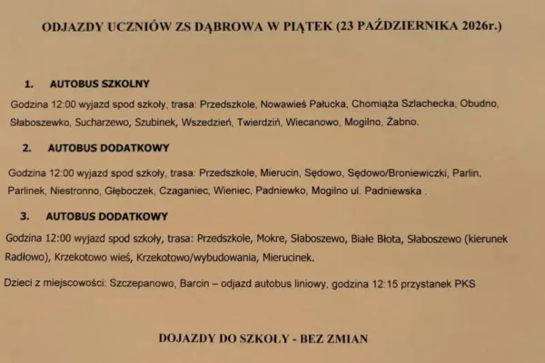 Odjazdy autobusów szkolnych ZS Dąbrowa w piątek 23 października 2026