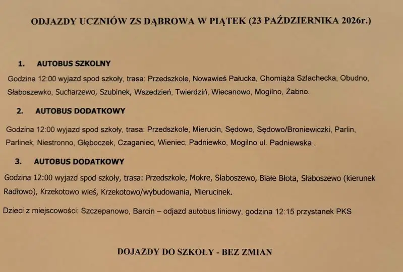 Odjazdy autobusów szkolnych ZS Dąbrowa w piątek 23 października 2026
